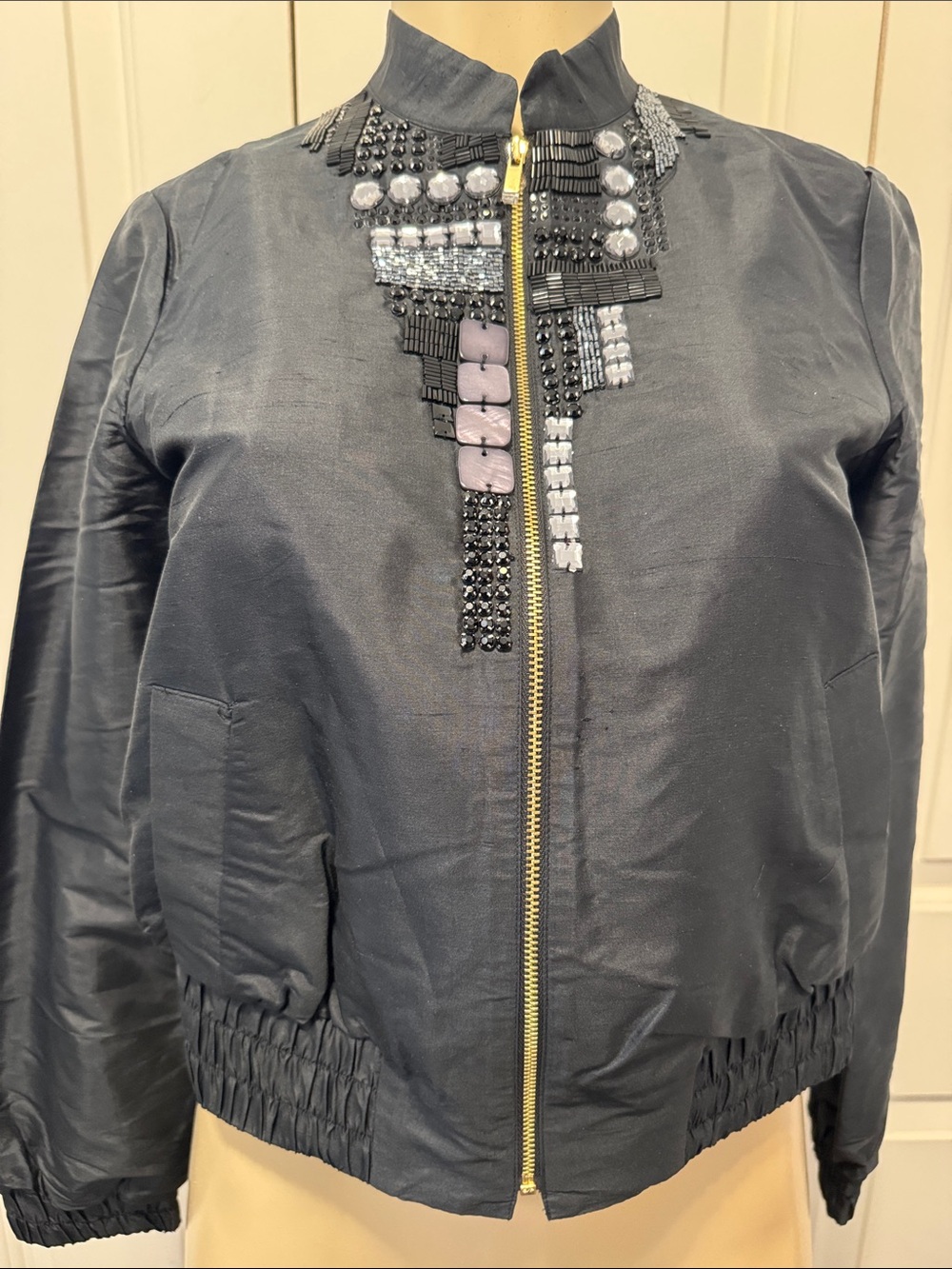 New Magaschoni Collection Embellished Black Bomber 100% Silk Jacket